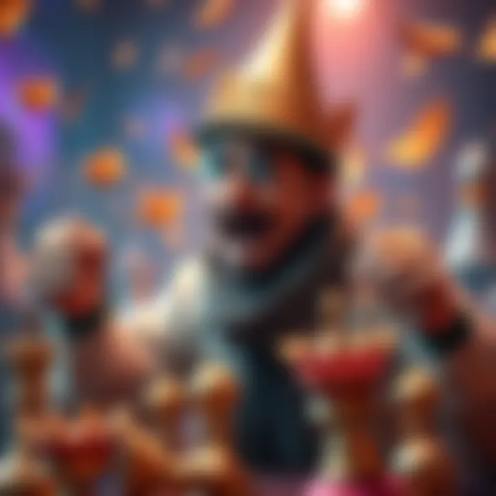A player celebrating a victory in a game, surrounded by crowns, showcasing blitz strategies in action
