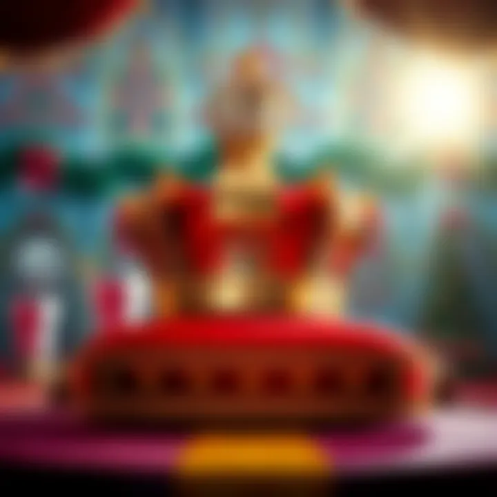 A regal crown placed on a plush red pillow during a ceremonial crowning event, with a backdrop of festive decorations.