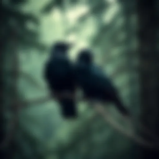 Two crows perched on a branch in a dense forest setting, symbolizing mystery and meaning.