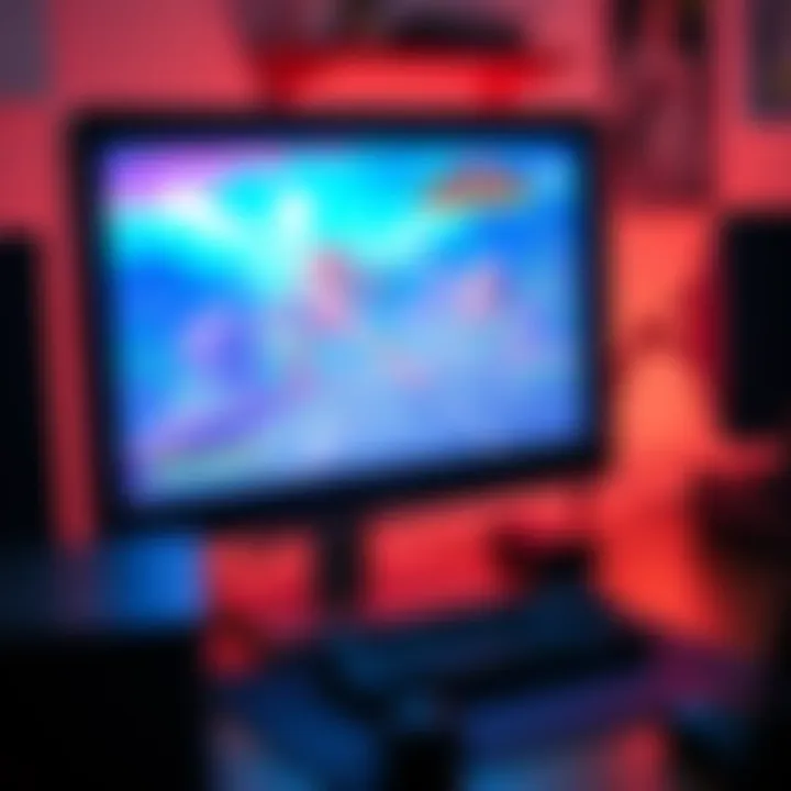 A CRT monitor displaying a vibrant video game with colorful graphics, surrounded by gaming accessories like a keyboard and gaming console, emphasizing its use in PC gaming.