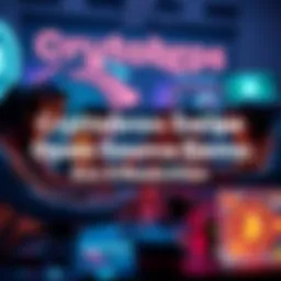 A group of crypto enthusiasts working on an open-source game, showing laptops and gaming elements in a collaborative setting.