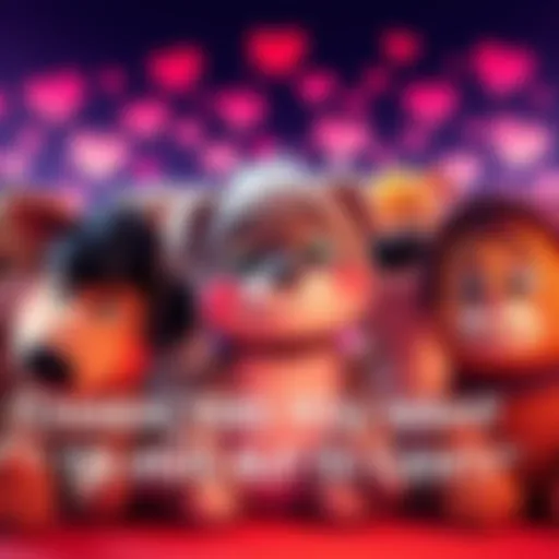 A group of beloved fictional characters looking warm and inviting, surrounded by hearts.