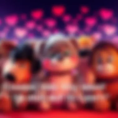 Cuddly characters A group of beloved fictional characters looking warm and inviting, surrounded by hearts.