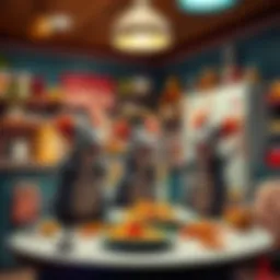 Cartoon-style rats causing a mess in a colorful kitchen while preparing food in a game setting