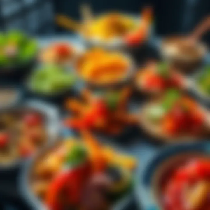 Colorful dishes showcasing culinary trends An array of vibrant dishes representing popular culinary trends with fresh ingredients and fusion flavors