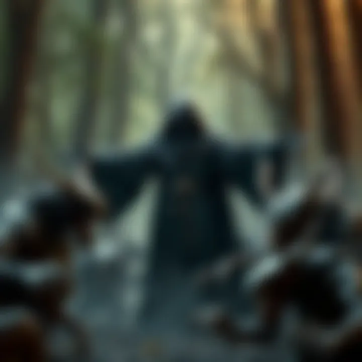 A dark cloaked figure stands with outstretched arms, surrounded by twisted and corrupted monsters in a forest setting.