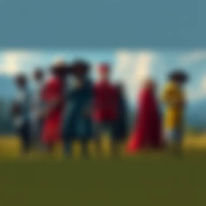 Cult members wearing distinctive outfits gather in a rural setting, showcasing their unity and influence.