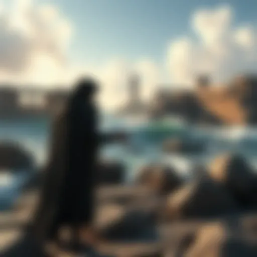 A character interacting with a cultist on the shores of Kythera Island, surrounded by ancient ruins and ocean waves.