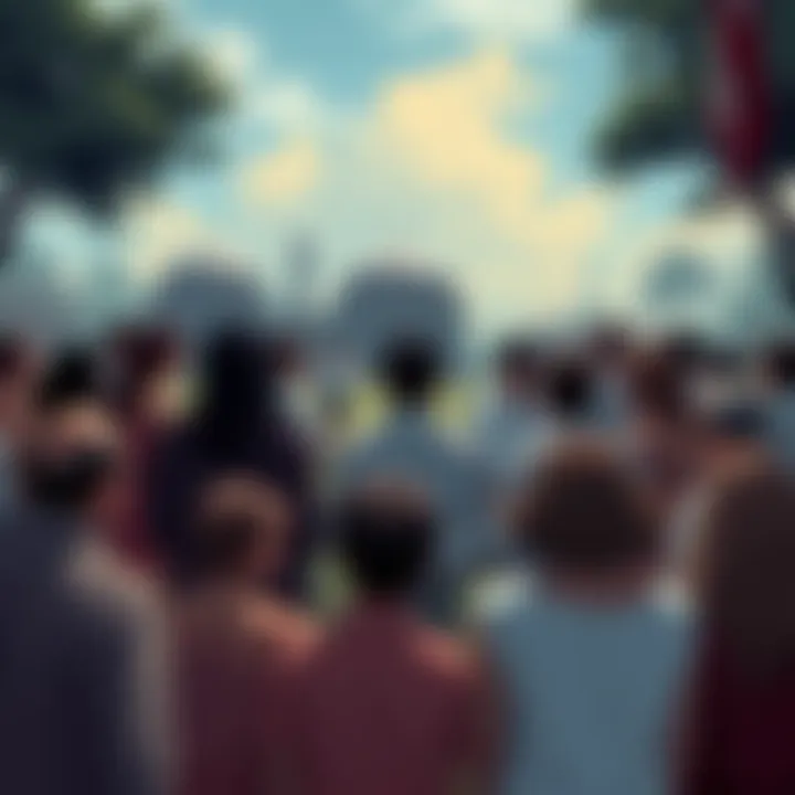 Illustration of a group of people gathered in a circle, discussing and sharing ideas, symbolizing social control within cults. A contrast with a historical setting representing Jonestown in the background.
