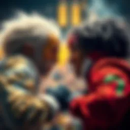 A dynamic scene with two popular figures facing off, showcasing their unique styles and energy in a competitive atmosphere.