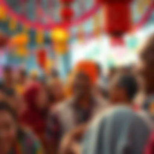 A vibrant group of people enjoying a cultural event, showcasing expressions and interactions related to NI-HEHEE-L. Colorful decorations and joyful faces highlight the significance of this celebration...