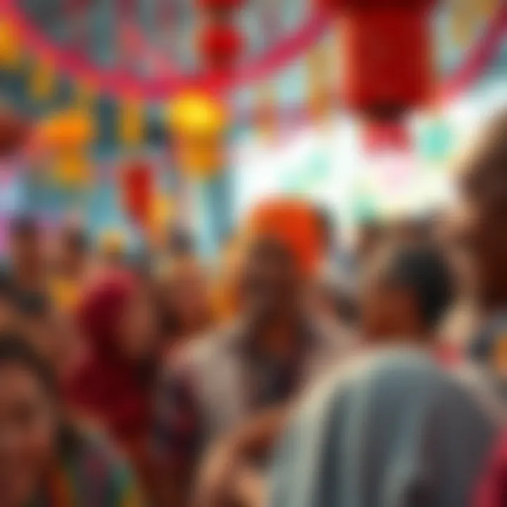 A vibrant group of people enjoying a cultural event, showcasing expressions and interactions related to NI-HEHEE-L. Colorful decorations and joyful faces highlight the significance of this celebration...
