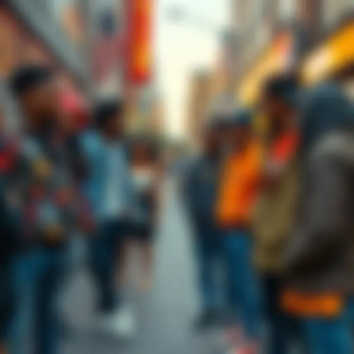 A group of people discussing the phrase 'Will the real Slim Daddy please stand up?' in a lively urban setting, showcasing diverse opinions and fashion styles.