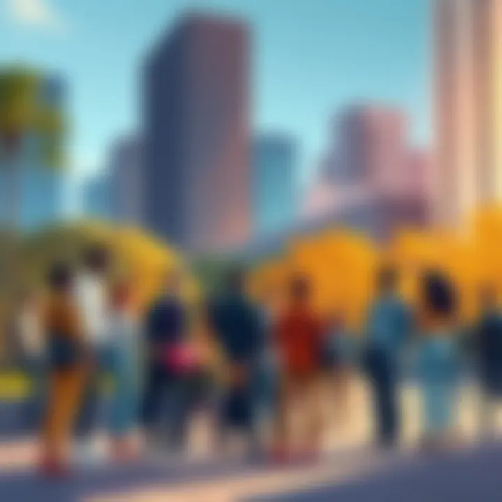 Cultural Shift Illustration A group of diverse people discussing new social trends in a city park, with modern buildings in the background.