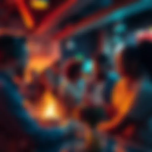 Cultural Shift Representation A diverse group of people engaging in discussions about new trends and values in a lively setting.