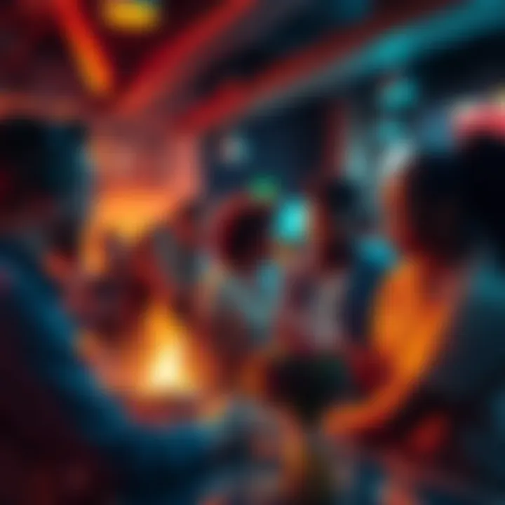 Cultural Shift Representation A diverse group of people engaging in discussions about new trends and values in a lively setting.