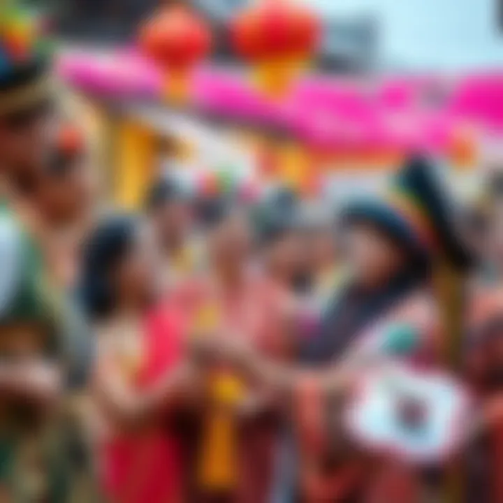 A diverse group of people participating in a vibrant cultural festival, showcasing traditional costumes and dances, with colorful decorations and joyful expressions.