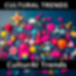 Cultural Trends A collage of symbols representing fleeting cultural trends, like fashion, music, and social media icons, arranged in a vibrant style.