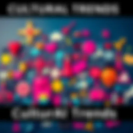 Cultural Trends A collage of symbols representing fleeting cultural trends, like fashion, music, and social media icons, arranged in a vibrant style.