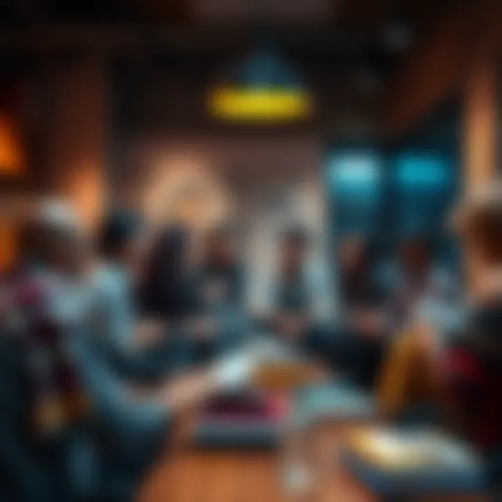 Cultural Trends of Hiss A group of diverse people discussing modern Hiss culture in a casual setting, with books and art around them.