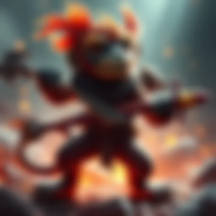 A small fanged primate-like monster skillfully using various weapons in a battle stance, ready to engage players.