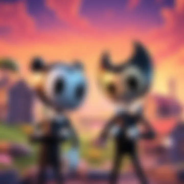 Cuphead and Bendy characters in a Fortnite scene with a colorful cartoon background