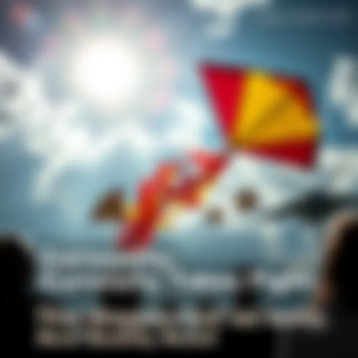 A colorful kite soaring high in the sky, symbolizing ambition and curiosity, as people watch with excitement below.