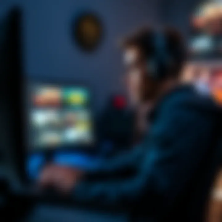 A gaming enthusiast in front of a computer, engaged in a conversation about a rare skin, with various game graphics on screen.