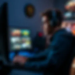 Curious gamer discussing rare skin A gaming enthusiast in front of a computer, engaged in a conversation about a rare skin, with various game graphics on screen.