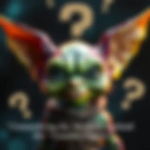 A playful gremlin figure with green skin, large ears, and mischievous eyes, surrounded by question marks to show curiosity.