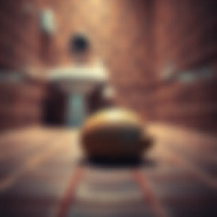 A close-up of a strange object sitting on the floor of a restroom, with bathroom tiles visible