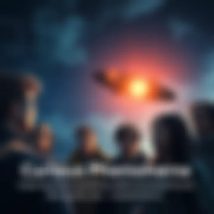 A group of people observing an odd light in the sky, with puzzled expressions on their faces.