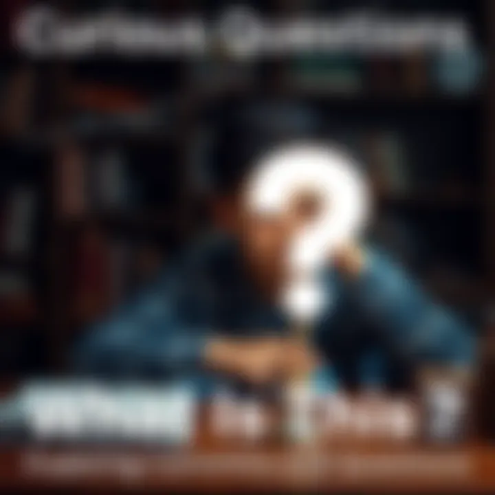 A person looking thoughtfully at a question mark while sitting at a desk with books and a notebook.