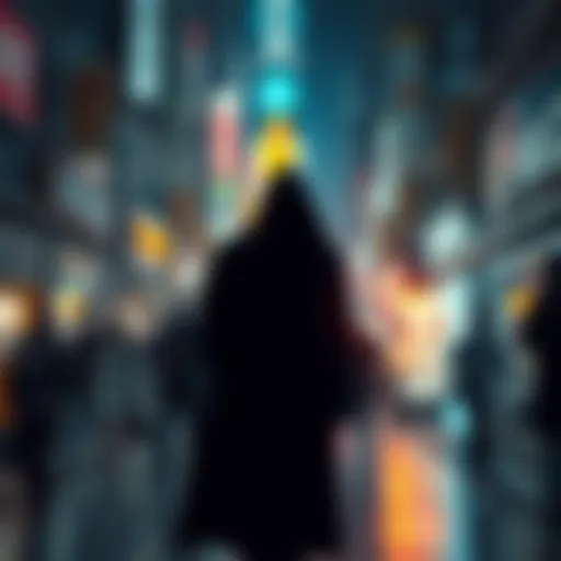 A shadowy figure stands in the background, blending into a bustling scene, evoking curiosity among passersby.
