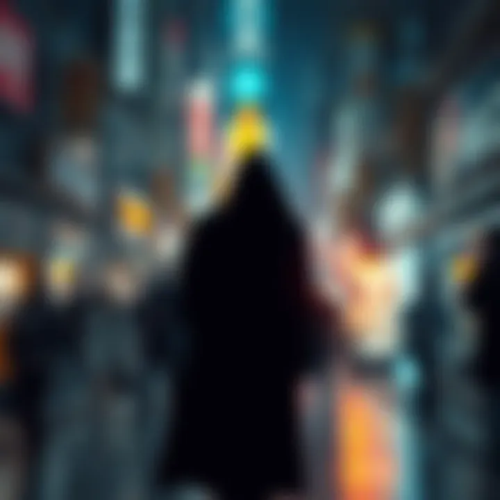 A shadowy figure stands in the background, blending into a bustling scene, evoking curiosity among passersby.