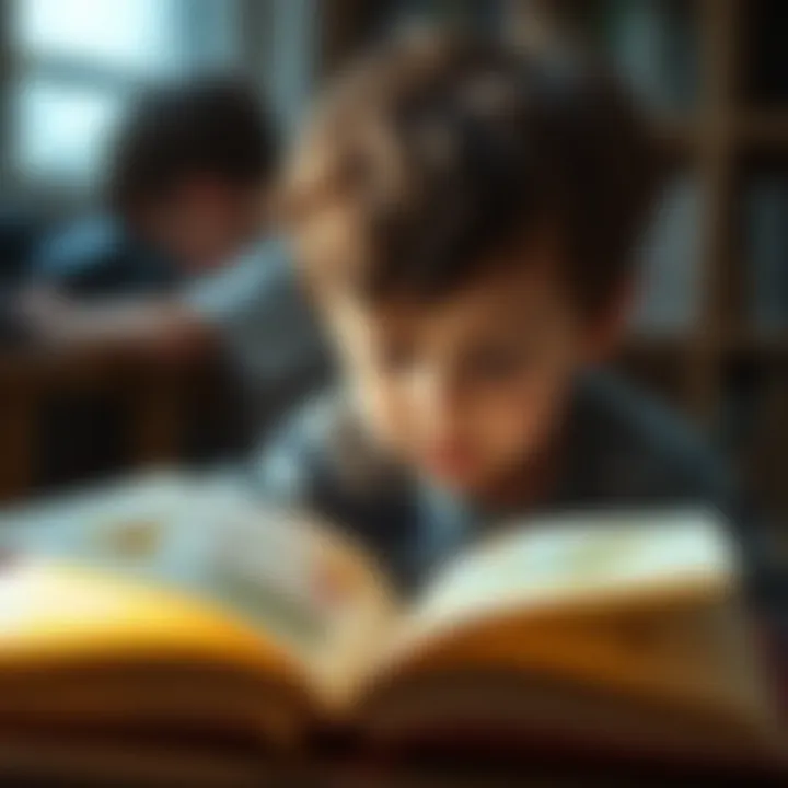 A curious child looking at an open book with bright illustrations, symbolizing inquiry and learning