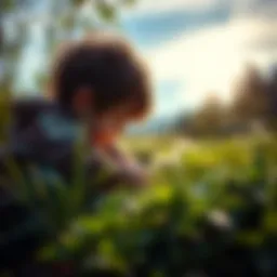 A child crouched down, examining a flower while surrounded by greenery, embodying the spirit of curiosity and exploration.