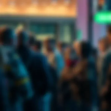 Curious Crowd Discussing Incident Group of people gathering in a public area, talking and pointing towards a scene of interest, showing expressions of curiosity and concern