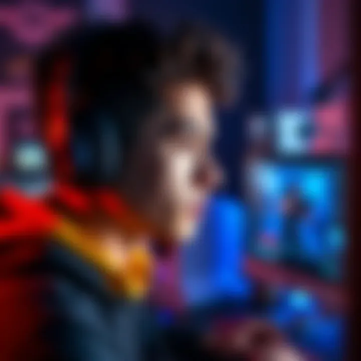 A beginner gamer looking at a computer screen with online shooter games displayed, wearing headphones and a focused expression.