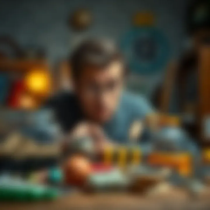 A person examining various unknown items on a table, looking puzzled and curious about their uses.