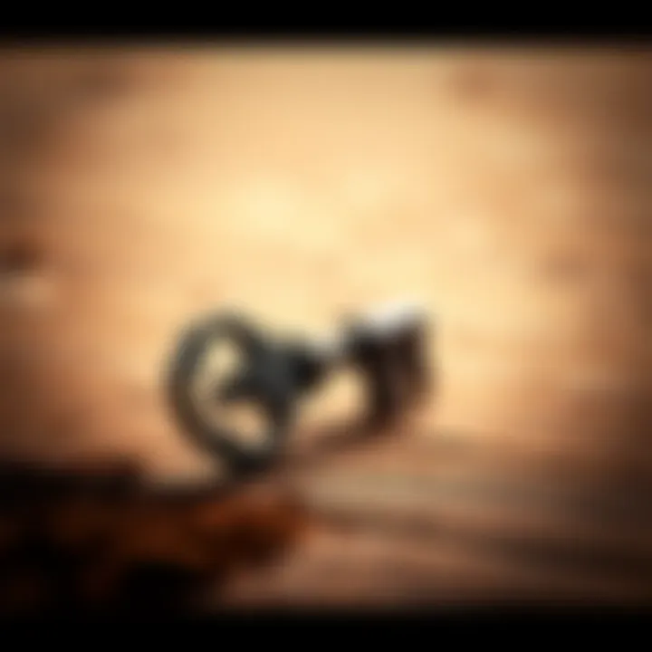 A close-up view of a unique key found at Outpost, resting on a wooden surface with some dirt nearby.