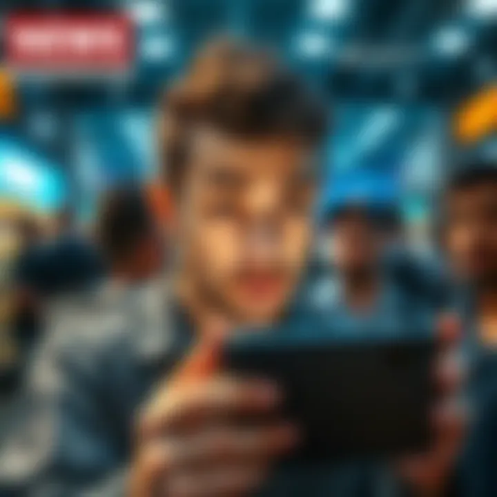 A man with an expressive face, looking curiously at a smartphone, surrounded by people discussing around him.