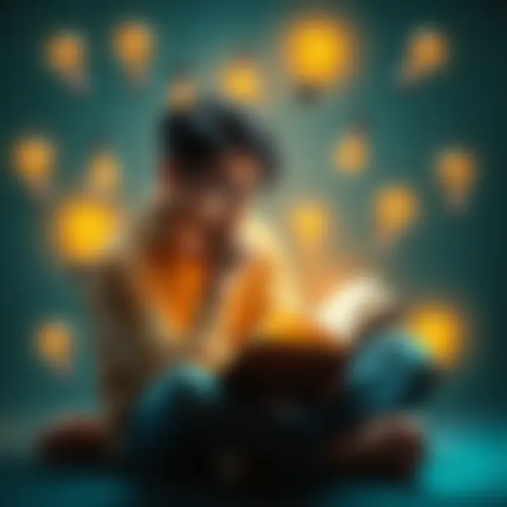 A person sitting with a book, deep in thought, surrounded by light bulbs symbolizing ideas and curiosity.