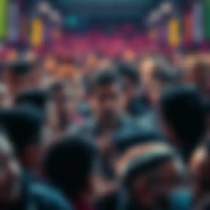 A crowd of people looking puzzled at an unidentified figure in the center, stirring curiosity and questions.