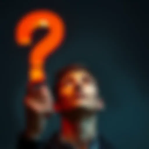 Curious person questioning A person looking thoughtfully at a question mark symbol, reflecting on life's unanswered questions.