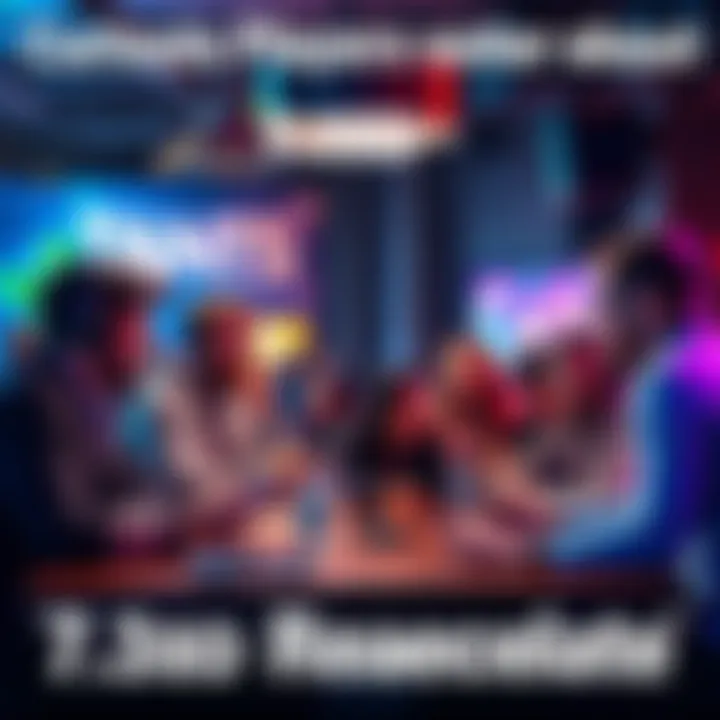 A group of gamers gathered around a table, sharing thoughts about the upcoming 7.38D update, with devices in hand and excitement in the air.