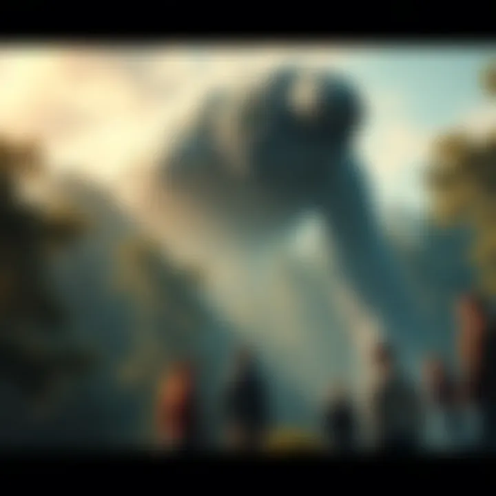 A giant Cyclops with one eye stands in a forest, looking surprised as people gather around him in wonder.