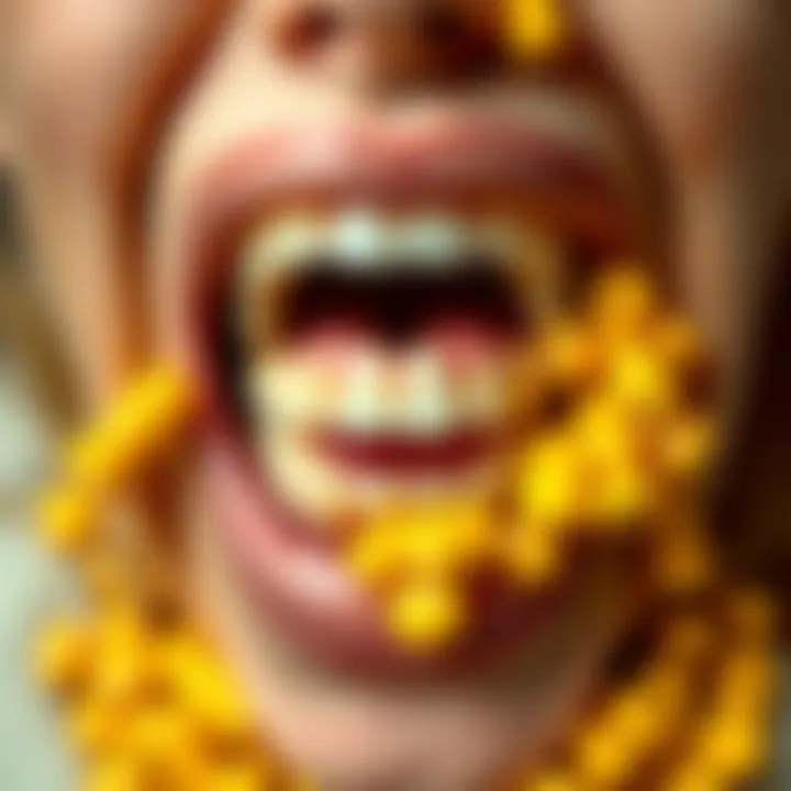 A mouth with extra sweetcorn teeth showing, surrounded by bright yellow sweetcorn kernels, depicting the unusual phenomenon of the Unflushed.