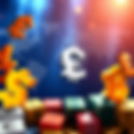 Currency Symbols and Trade Different currency symbols representing global trade, with a world map in the background.