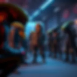 A group of customized characters from the Alien franchise in a gaming environment, showcasing various styles and gear, with players discussing their strategies.